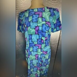 Vintage Geometric Blue Watercolor Dress By John Roberts Size 8